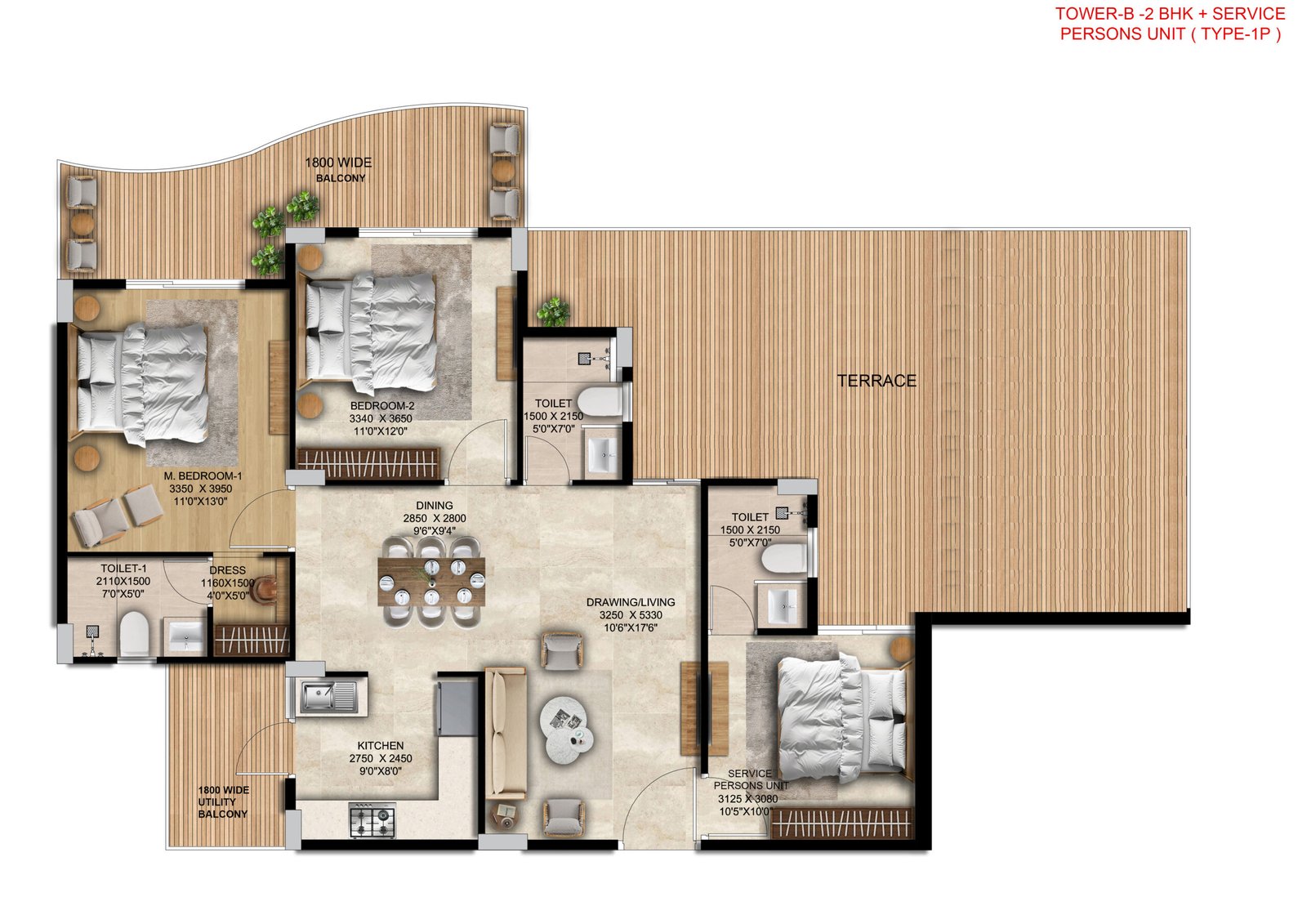 TOWER- B - 2 BHK + SERVICE PERSONS UNIT ( TYPE-1 )